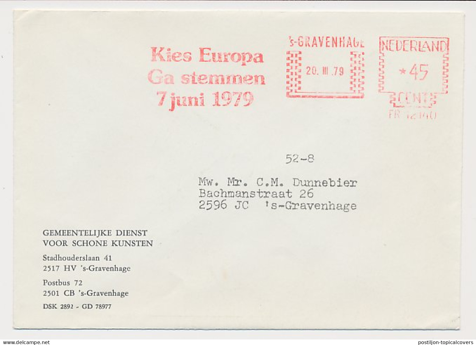 Meter Cover Netherlands 1979 Choose Europe - Go Vote 1979 - The Hague - Institutions Européennes