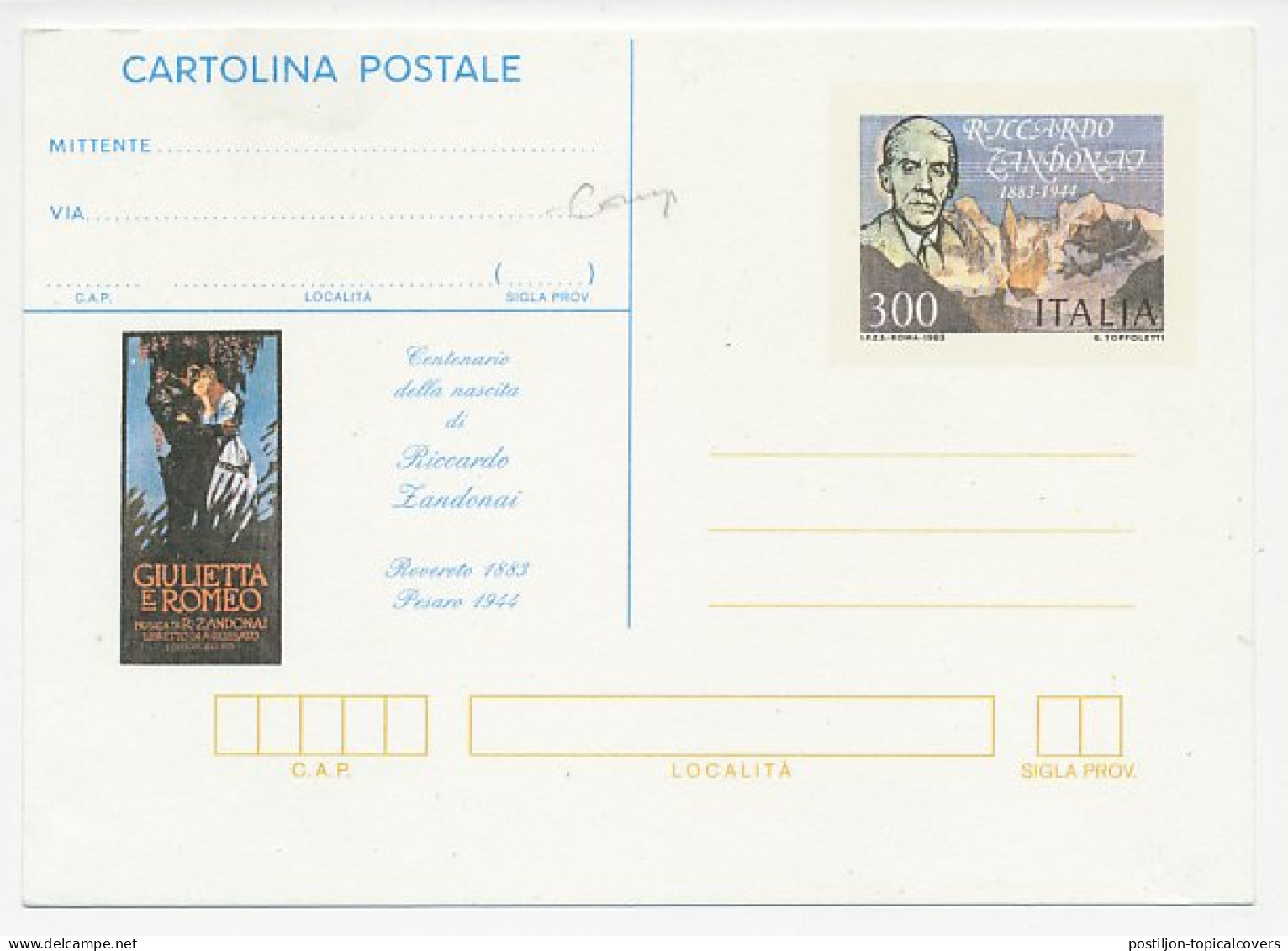 Postal Stationery Italy 1983 Riccardo Zandonai - Composer - Romeo And Juliet - Musique