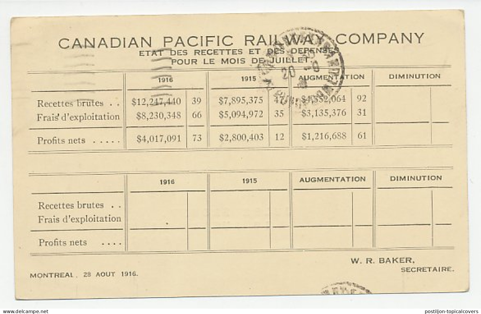 Postal Stationery Canada 1916 Lake Louise Hotel Pacific Railway Company - Statement Of Income - Andere & Zonder Classificatie