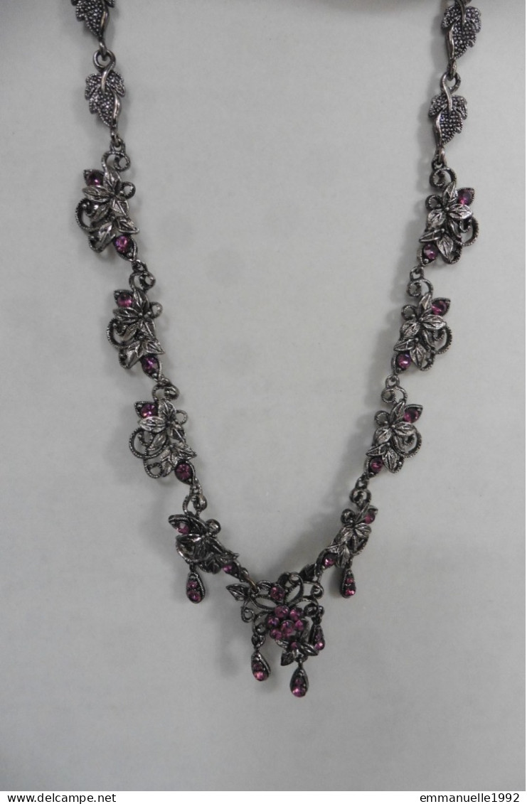 Vintage - Collier Style Princesse En Métal Argenté Serti Cristaux Strass Mauve Violet - Necklaces/Chains