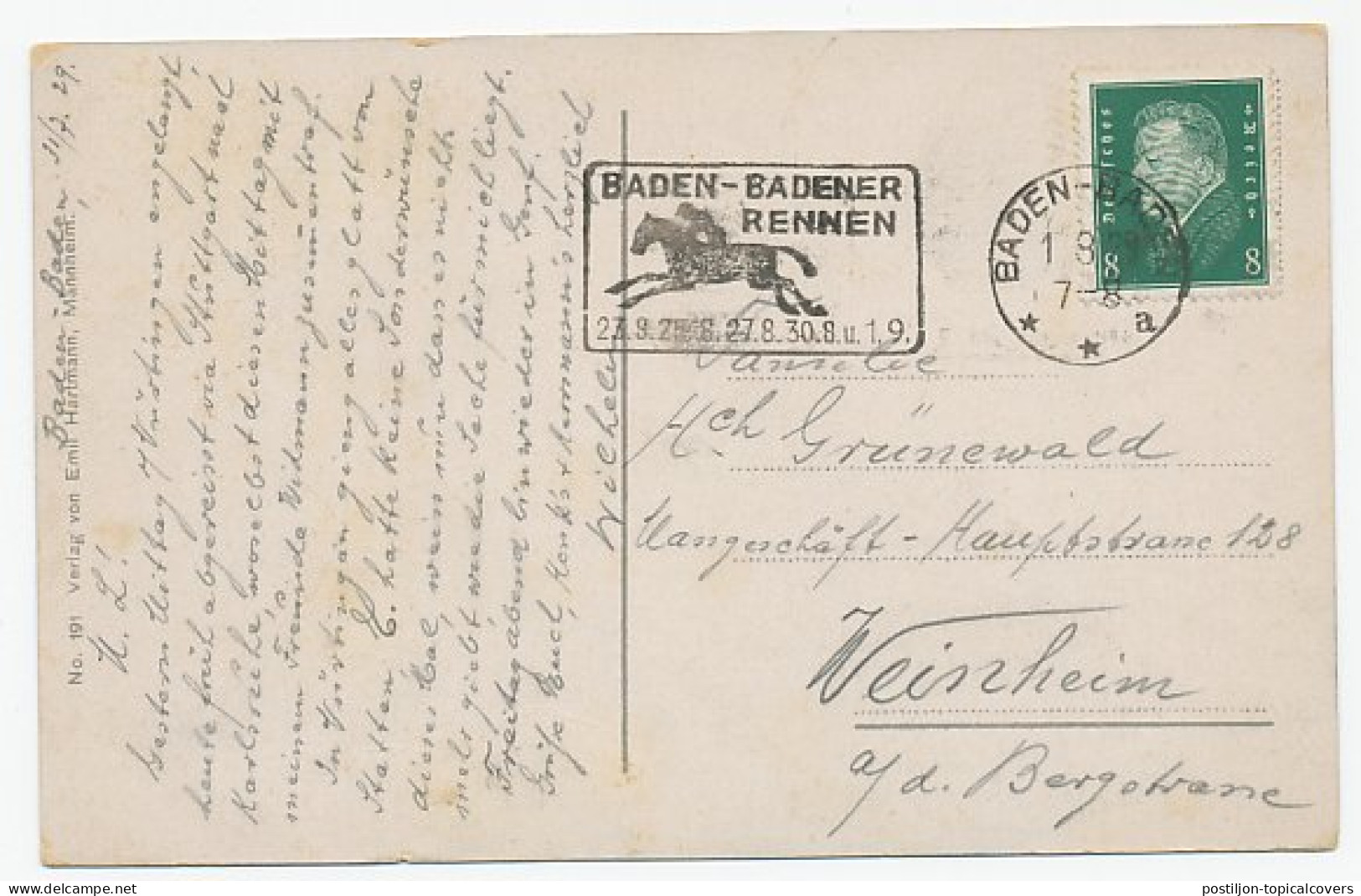 Postcard / Postmark Deutsches Reich / Germany 1930 Hore Racing Baden - Horses