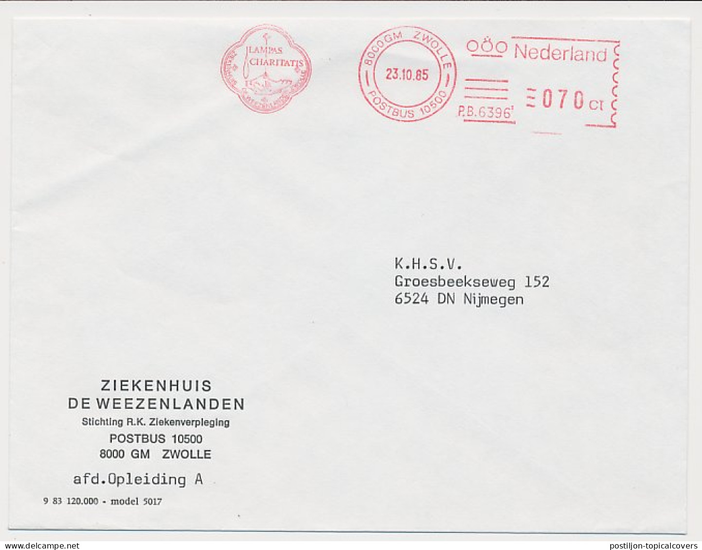 Meter Cover Netherlands 1985 - Pitney Bowes 6396 Lampas Charitatis - Lamp - Hospital - PAX - Zwolle - Sonstige & Ohne Zuordnung