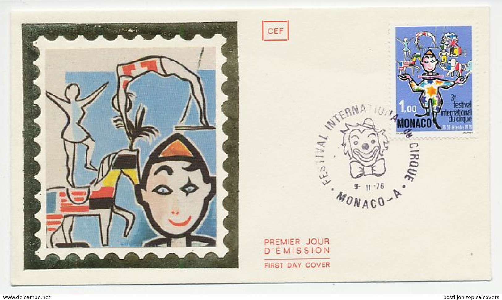 Cover / Postmark Monaco 1976 Clown - Acrobat - Elephant - Horse - Circus