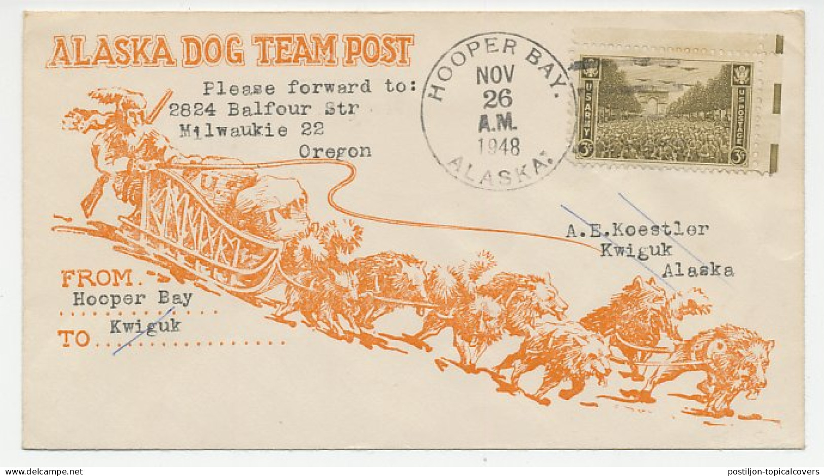 Cover / Postmark USA 1948 Alaska Dog Team Post - Hooper Bay - Arctische Expedities