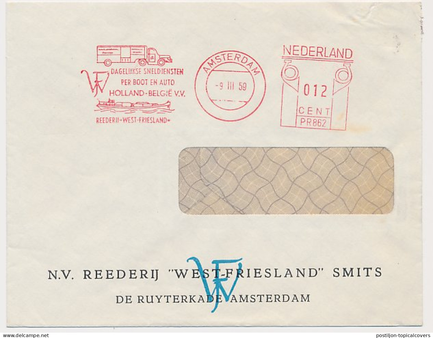 Meter Cover Netherlands 1959 Boat - Car - Truck - Express Services - Reederij West Friesland - Andere & Zonder Classificatie