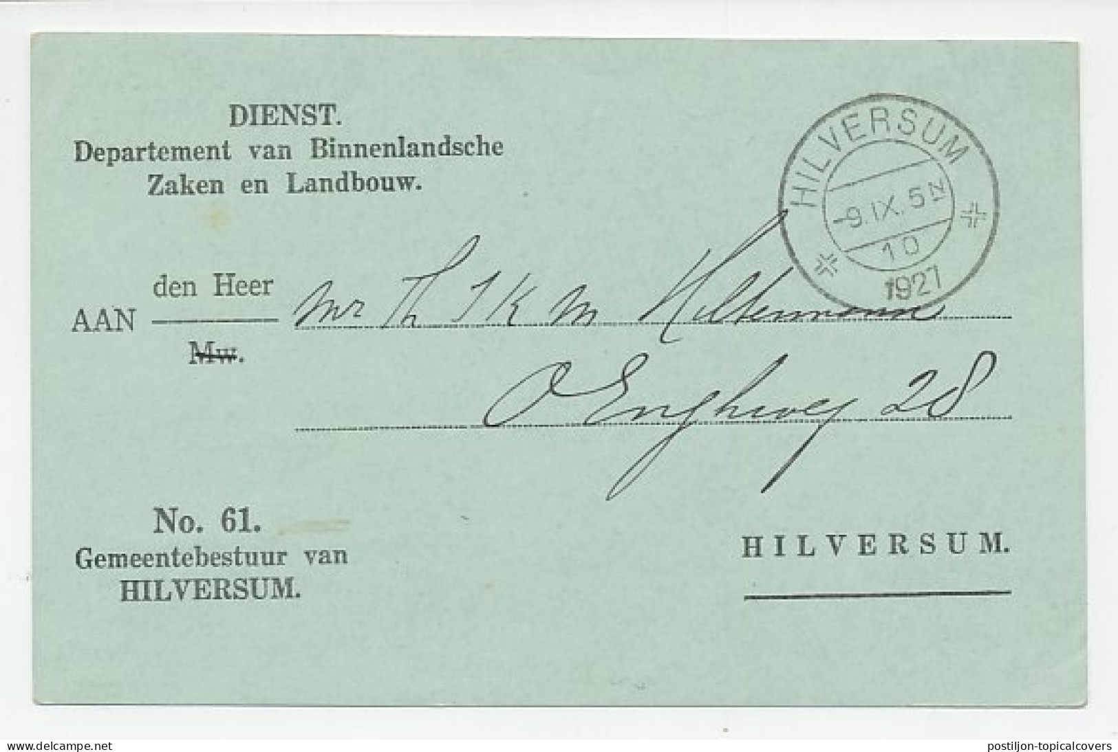Service Card Netherlands 1927 Dog Tax - Municipality Of Hilversum - Sonstige & Ohne Zuordnung