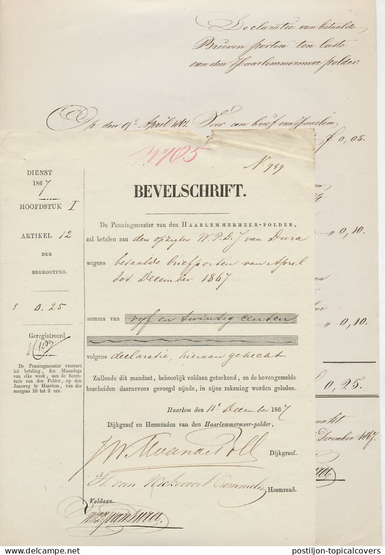 Haarlem 1867 Bevelschrift Declaratie Briefporten Haarlemmermeer - Andere & Zonder Classificatie