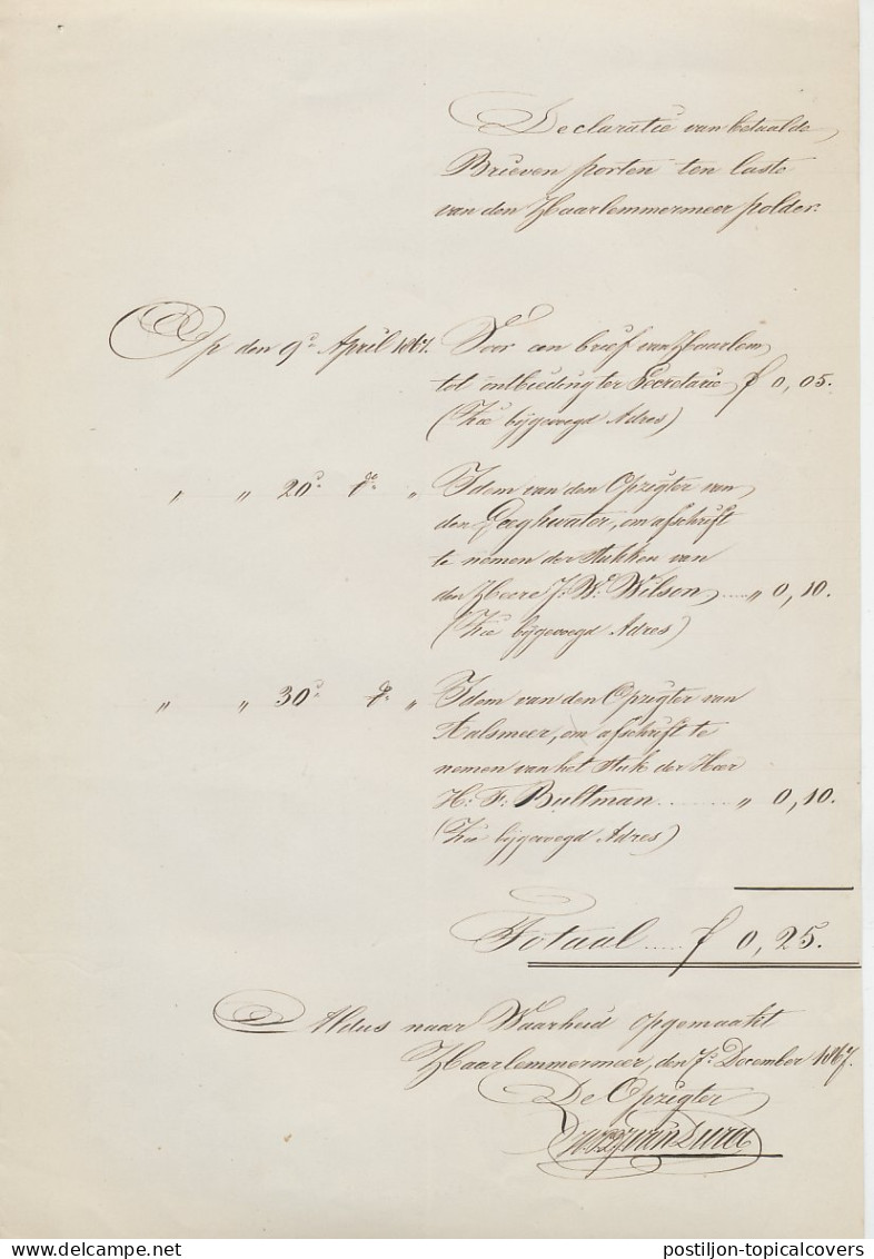 Haarlem 1867 Bevelschrift Declaratie Briefporten Haarlemmermeer - Autres & Non Classés