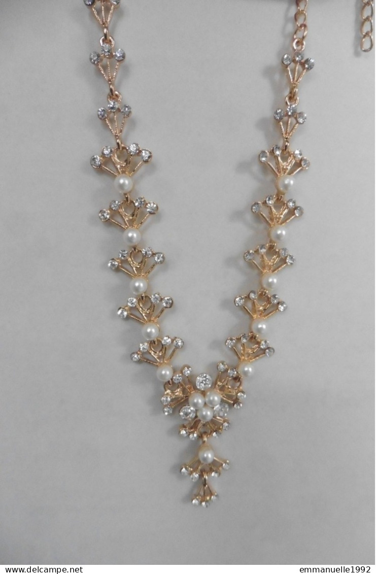 Vintage - Collier Princesse Métal Doré Serti Perles Fines Blanches Et Cristaux Strass Blanc Transparent - Necklaces/Chains