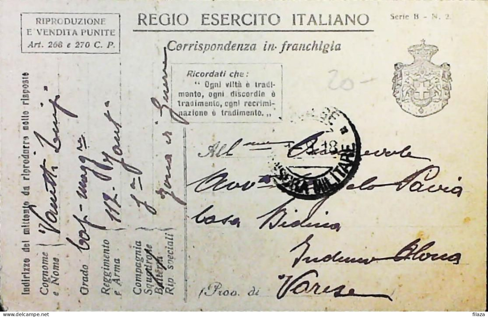 ITALY - WW1 – WWI Posta Militare 1915-1918 - Franchigia ILLUSTRATA (AGIAB) - S8088 - Correo Militar (PM)