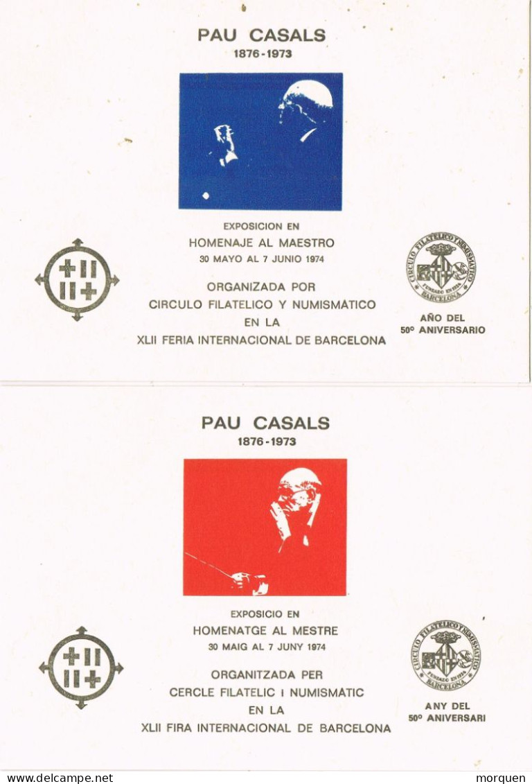 54999. Dos Tarjetas Homenaje Musico PAU CASALS, Barcelona 1974, Viñeta, Label, Cinderella Numeradas - Variétés & Curiosités