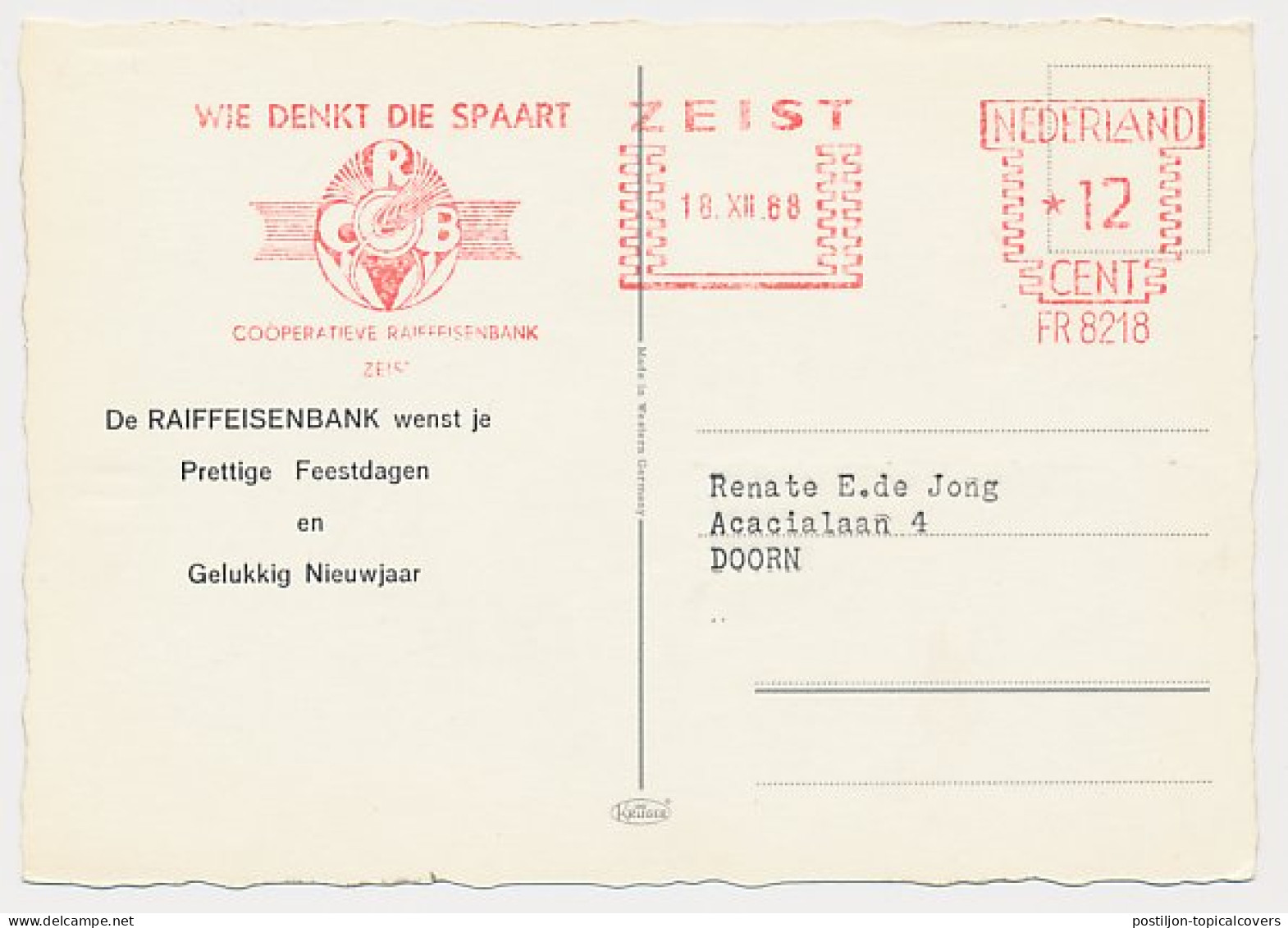 Meter Card Netherlands 1968 Corn Ear - Cooperative Bank - Agriculture