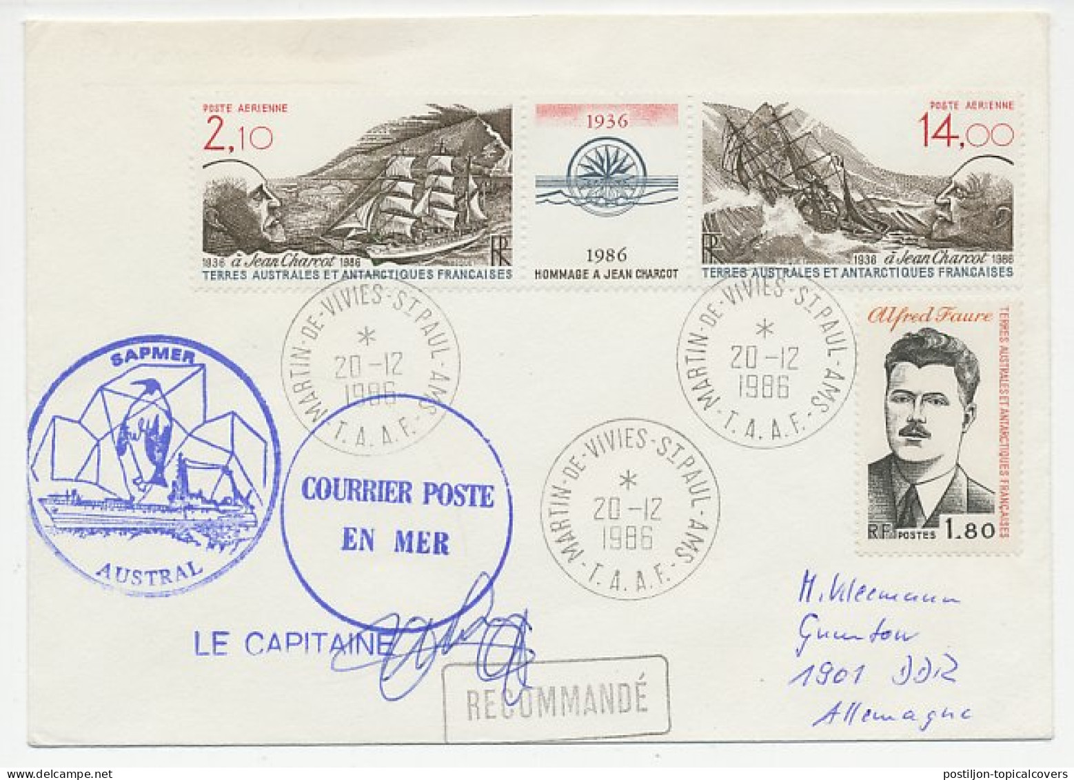 Registered Cover / Postmark / Cachet T.A.A.F 1986 Expedition - Penguin - Paquebot - Arctische Expedities