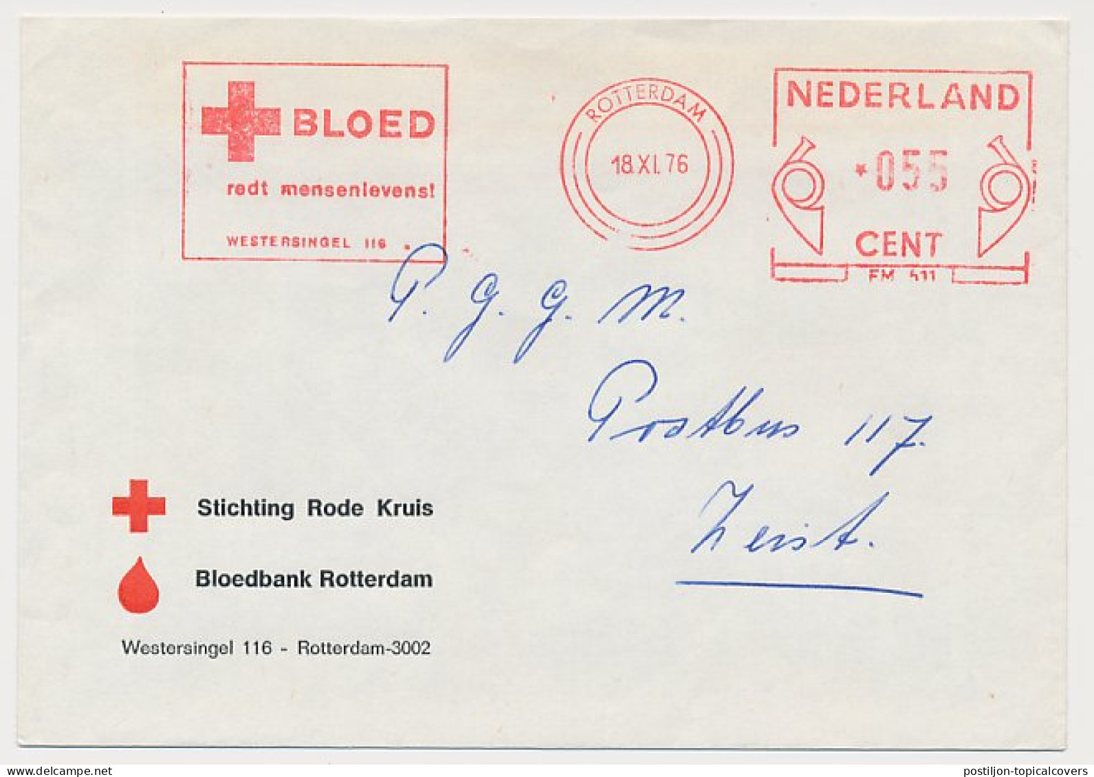 Meter Cover Netherlands 1976 Blood - Blood Bank - Red Cross - Rotterdam - Otros & Sin Clasificación