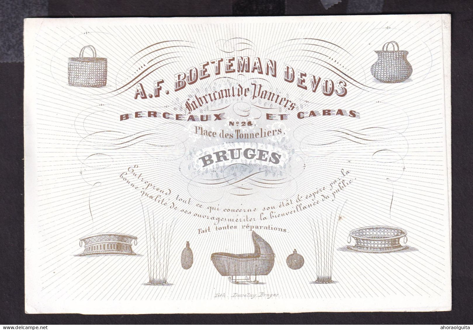 596/29 -- BRUGES CARTE PORCELAINE - Carte Illustrée Boeteman Devos, Fabricant De Paniers, Berceaux - Litho Années1840/50 - Visitekaartjes