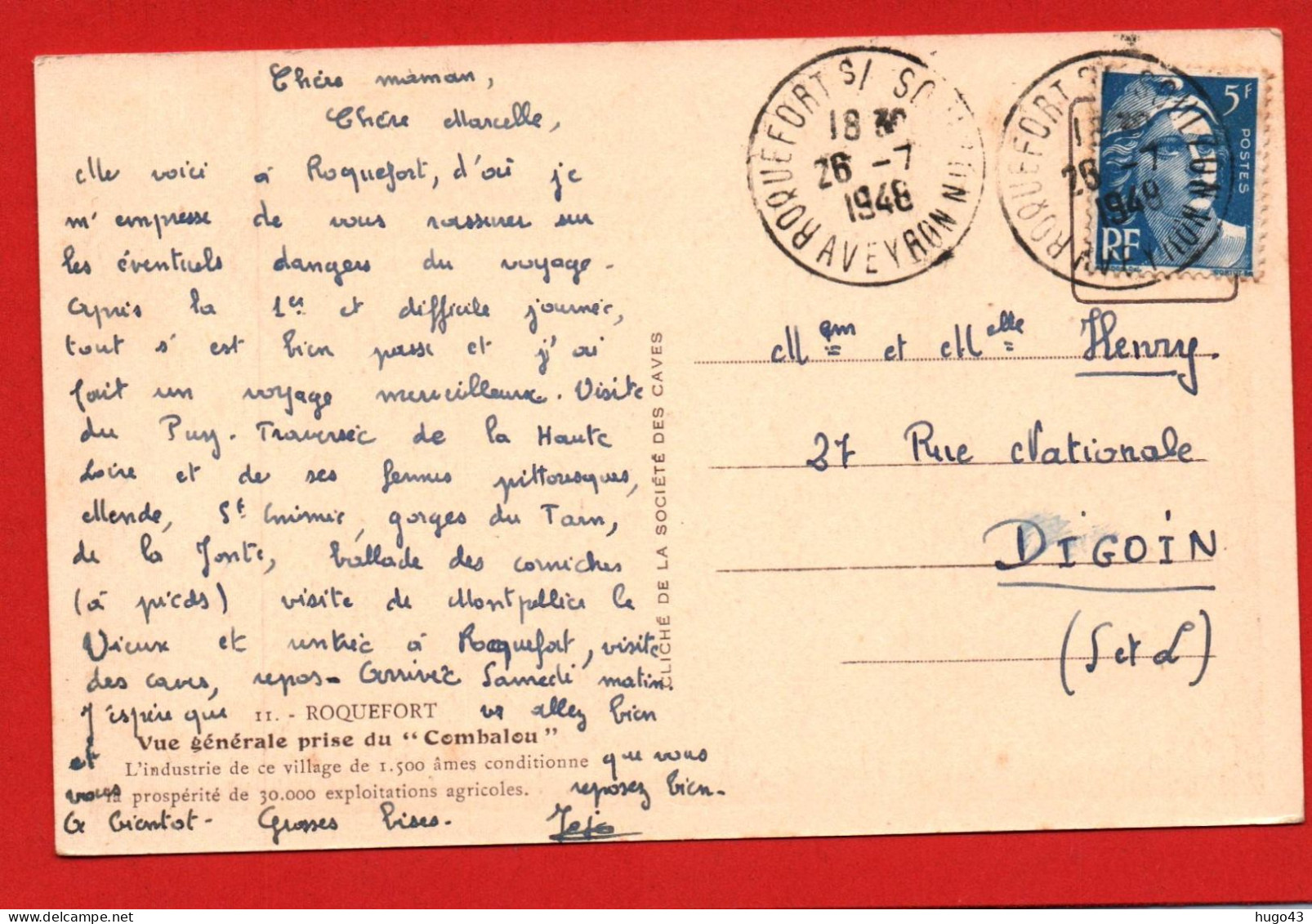 (RECTO / VERSO) ROQUEFORT N° II - VUE GENERALE PRISE DU COMBALOU EN 1948 - BEAU CACHET - FORMAT CPA - Roquefort