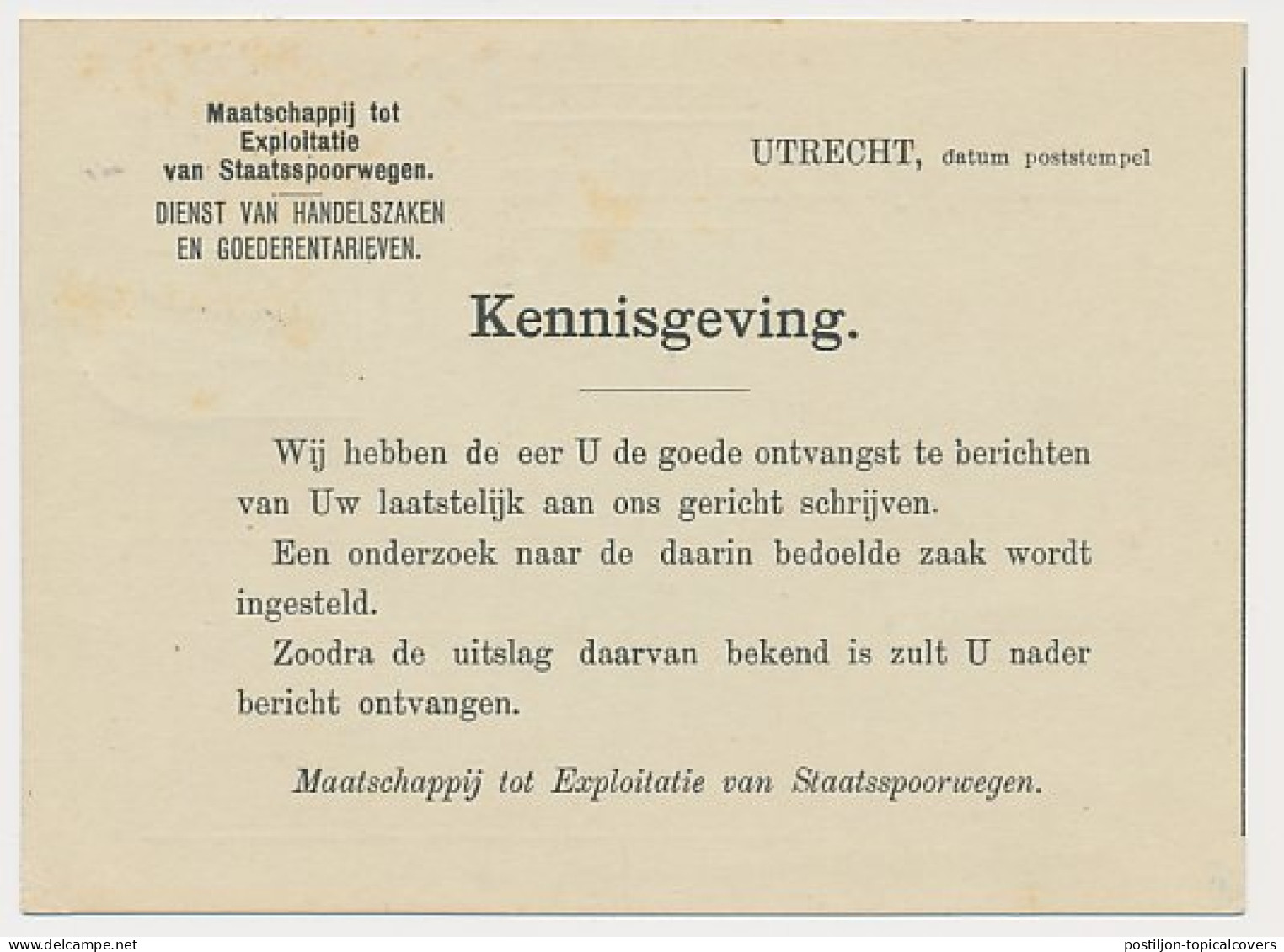Kennisgeving Mij. Tot Exploitatie Van Staatsspoorwegen 1912 - Non Classés
