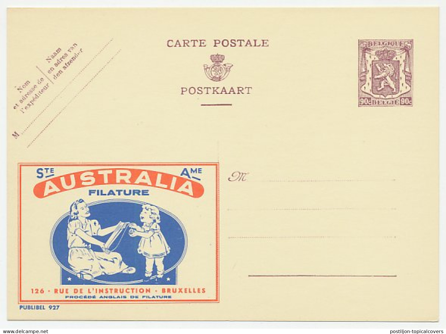 Publibel - Postal Stationery Belgium 1948 Yarn - Wool - Australia - Textile