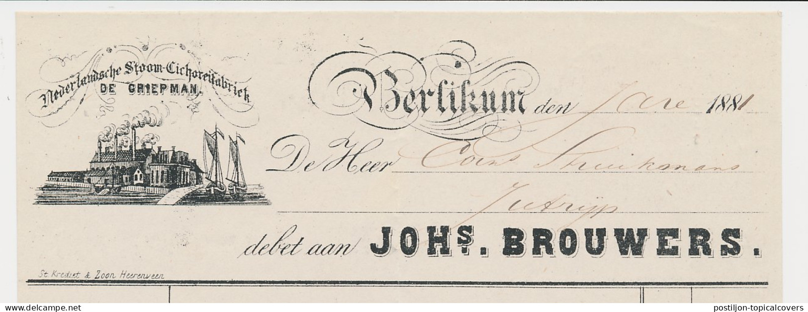 Nota Berlikum 1881 - Stoom Cichoreifabriek - De Griepman - Netherlands