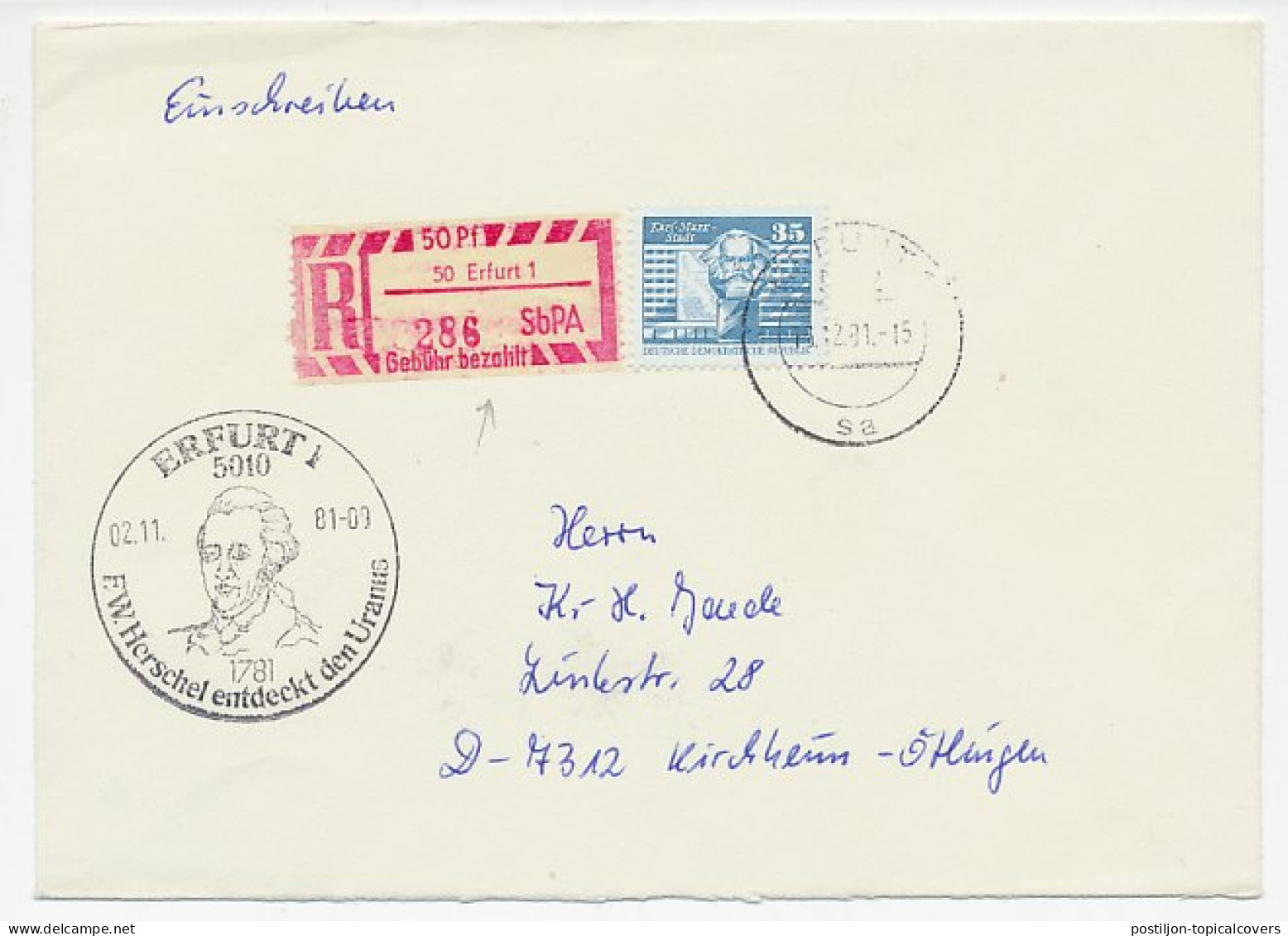 Registered Cover / Postmark Germany / DDR 1981 Frederick William Herschel - Uranus - Sterrenkunde