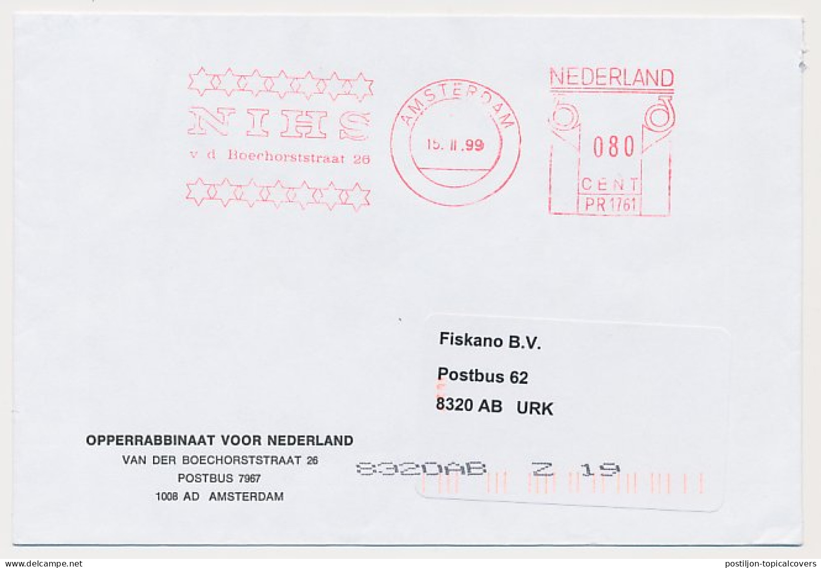 Meter Cover Netherlands 1999 NIHS - Dutch-Israeli Head Synagogue - Chief Rabbinate - Ohne Zuordnung