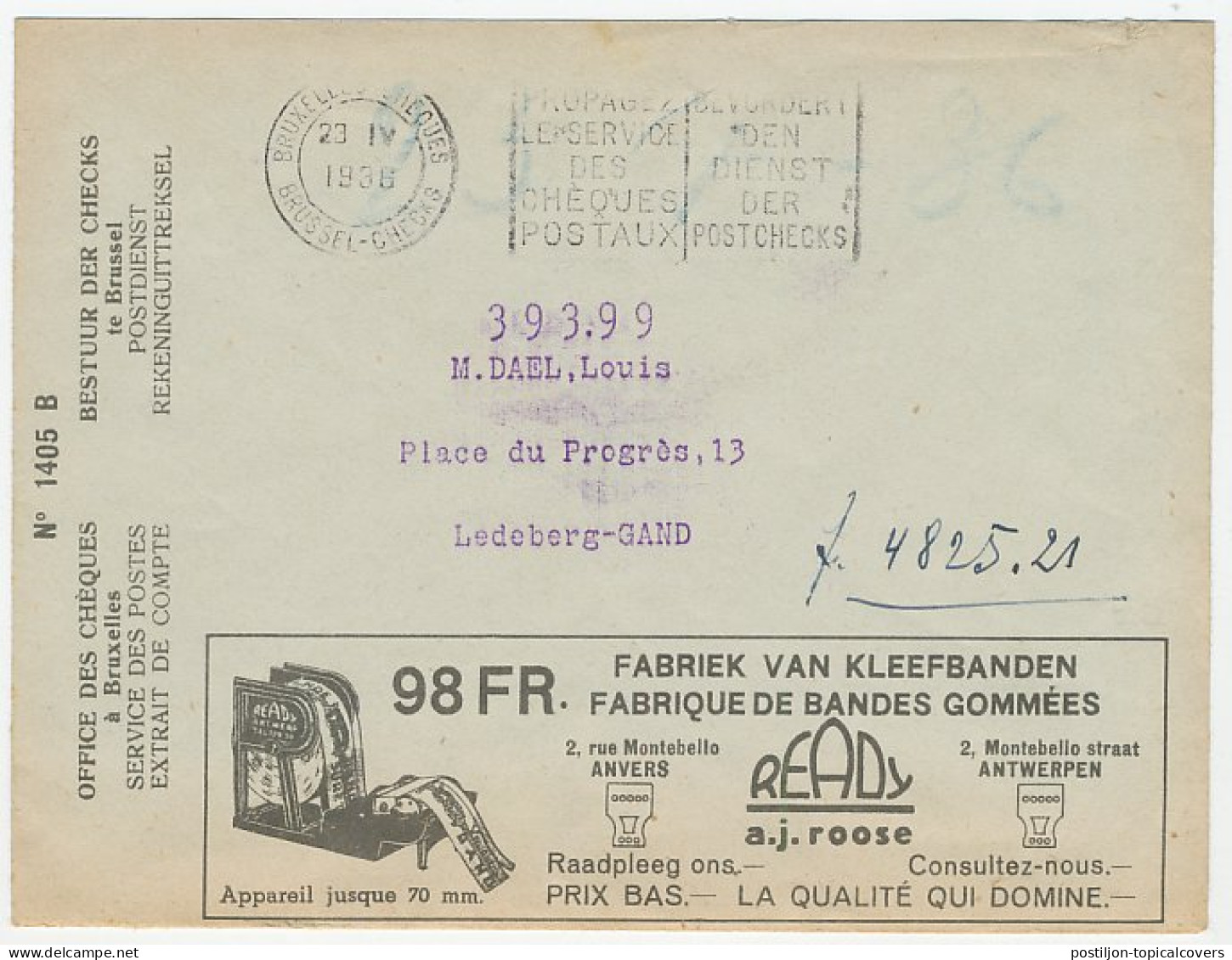 Postal Cheque Cover Belgium 1936 Accounting Machine - Typewriter - Adhesive Tape Device - Non Classés