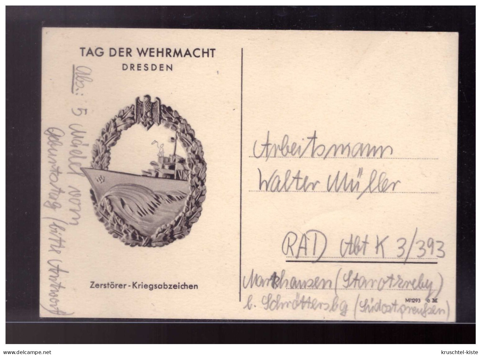 Dt- Reich (024159) Propaganda AK Zewrstörer Kriegsabzeichen, Tag Der Wehrmacht Dresden, Beschrieben Nicht Gelaufen - Guerre 1939-45