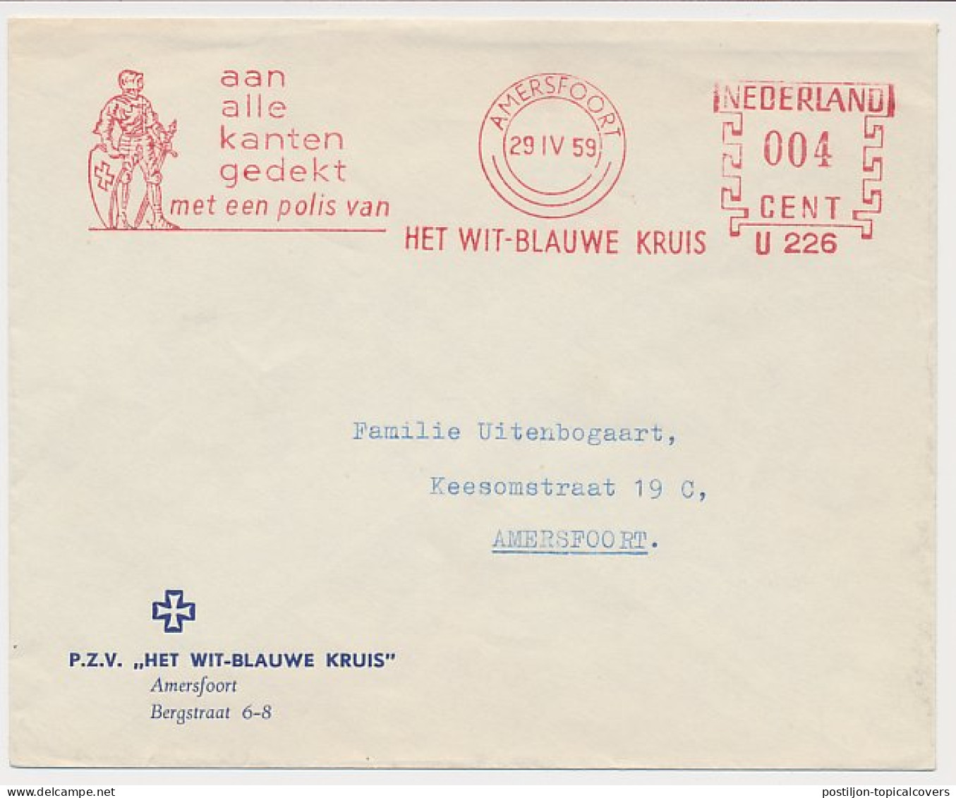 Meter Cover Netherlands 1959 Knight - White Blue Cross - Amersfoort - Autres & Non Classés
