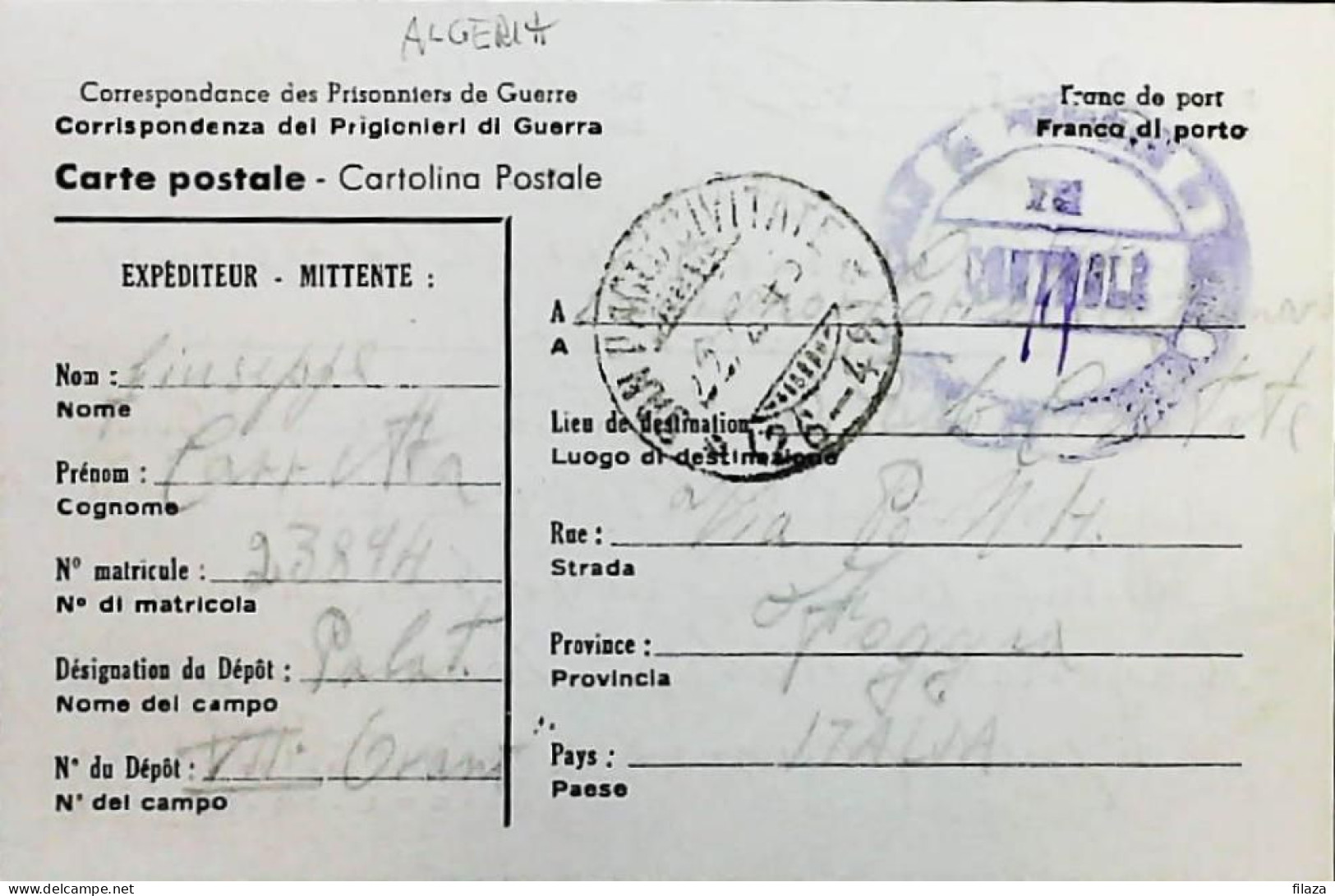 POW WW2 – WWII Italian Prisoner Of War In ALGERIA - Censorship Censure Geprüft  – S7767 - Military Mail (PM)