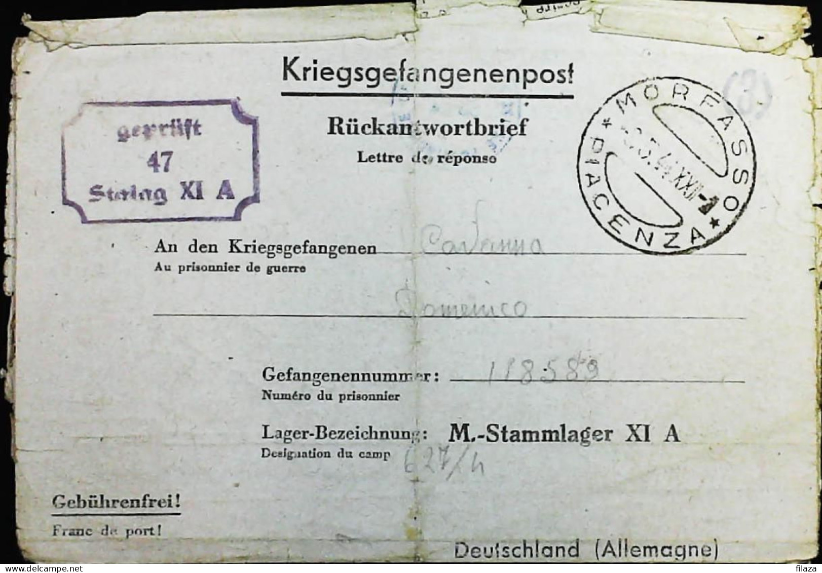 POW WW2 – WWII Italian Prisoner Of War In Germany - Censorship Censure Geprüft  – S7697 - Correo Militar (PM)