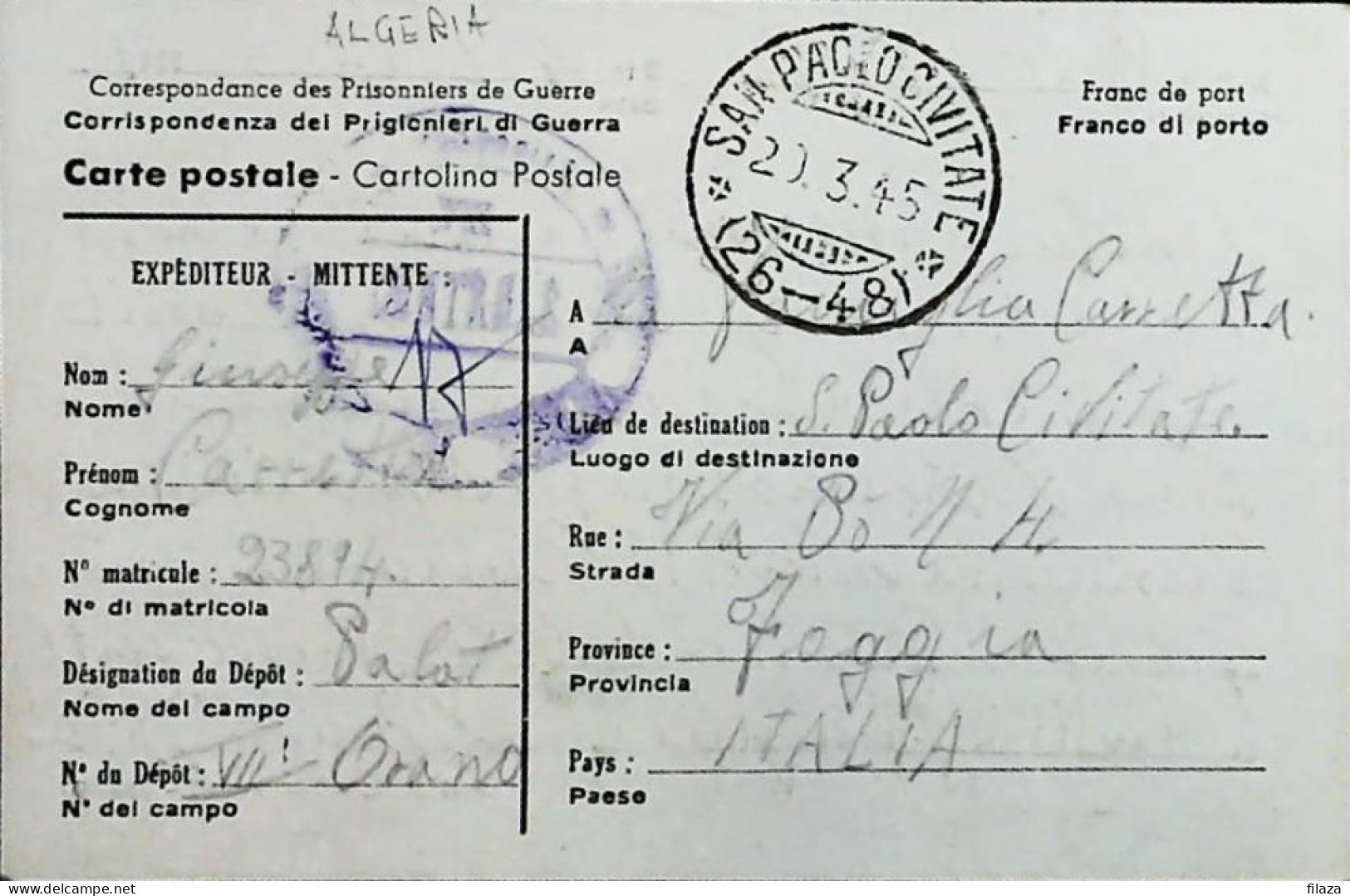 POW WW2 – WWII Italian Prisoner Of War In ALGERIA - Censorship Censure Geprüft  – S7769 - Militärpost (MP)