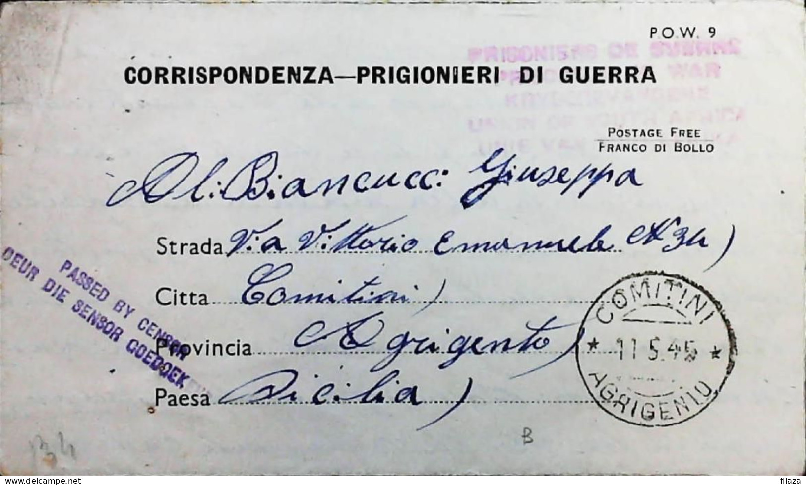 POW WW2 – WWII Italian Prisoner Of War In SOUTH AFRICA - Censorship Censure Geprüft  – S7741 - Militaire Post (PM)