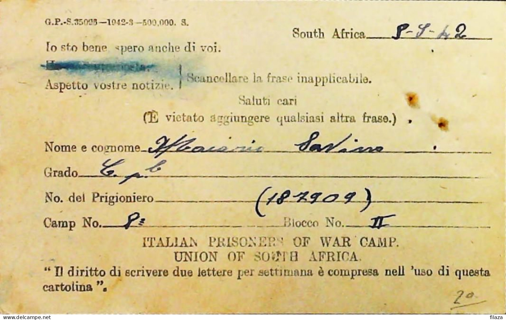 POW WW2 – WWII Italian Prisoner Of War In SOUTH AFRICA - Censorship Censure Geprüft  – S7753 - Militaire Post (PM)