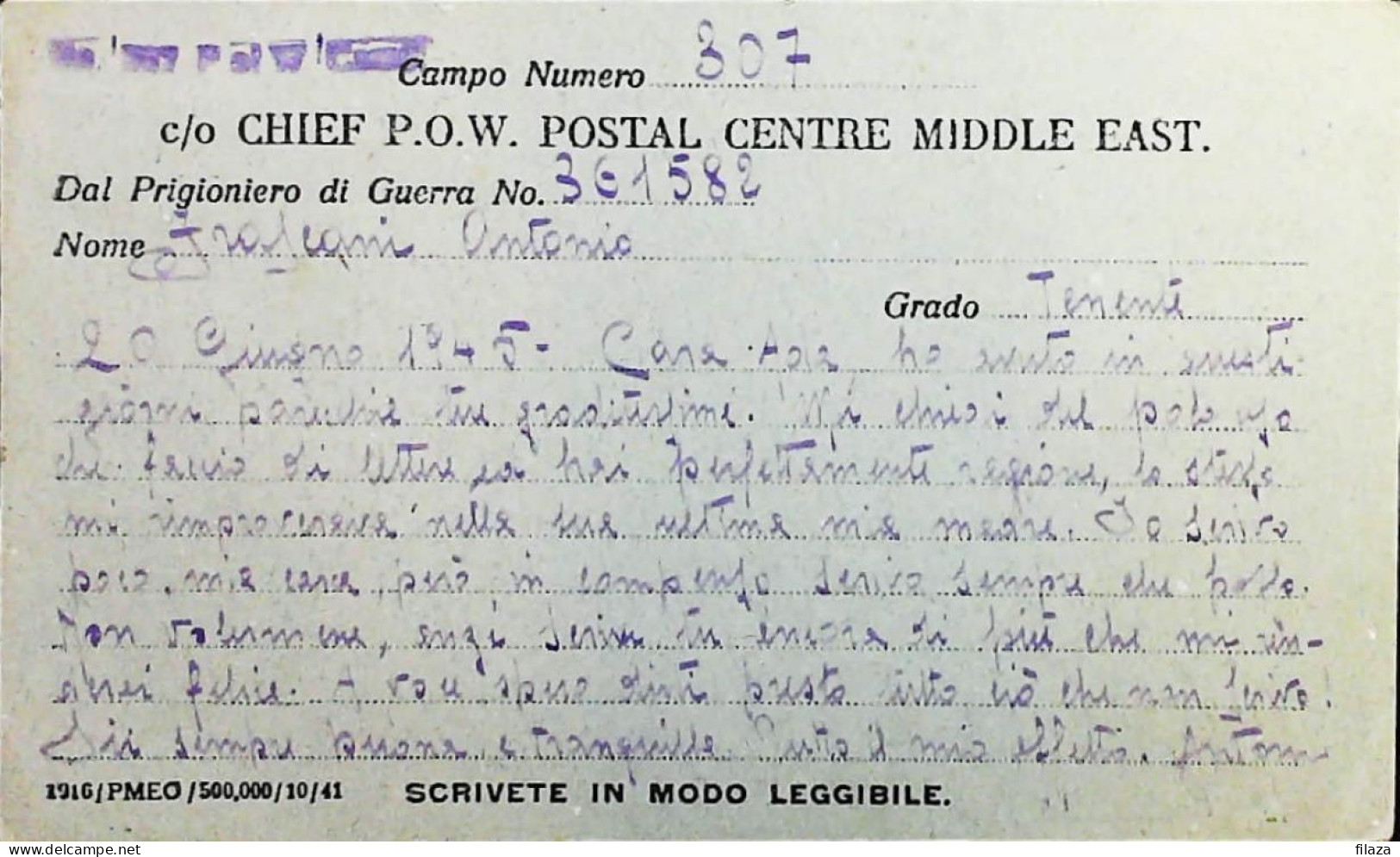 POW WW2 – WWII Italian Prisoner Of War In MIDDLE EAST AFRICA - Censorship Censure Geprüft  – S7733 - Posta Militare (PM)