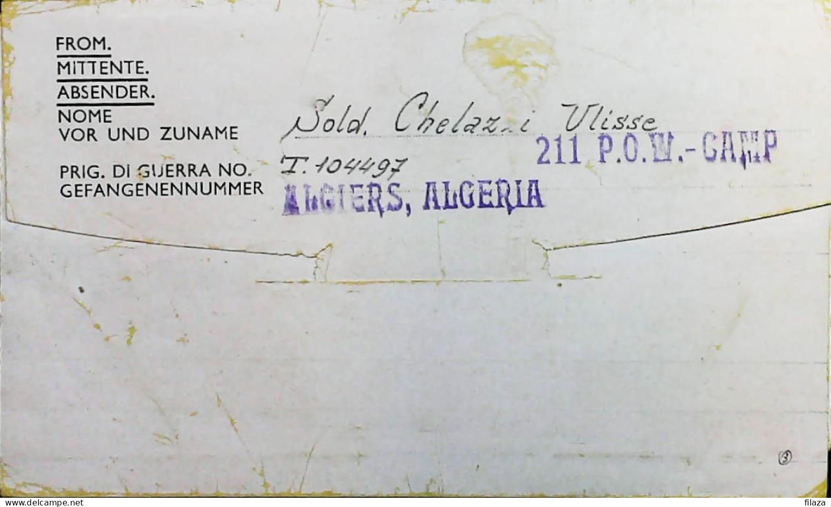 POW WW2 – WWII Italian Prisoner Of War In ALGERIA - Censorship Censure Geprüft  – S7761 - Correo Militar (PM)