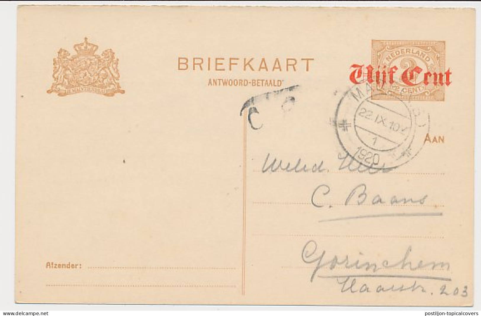 Briefkaart G. 108 I A-krt. Made - Gorinchem 1920 - Material Postal
