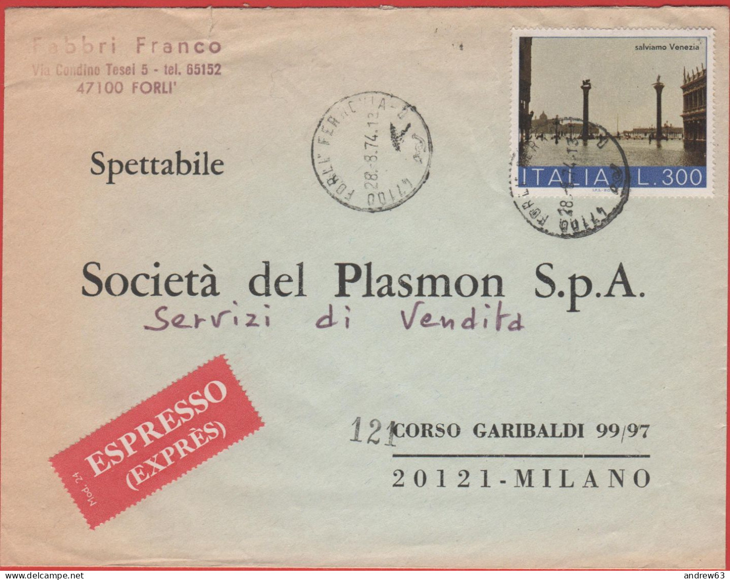 ITALIA - Storia Postale Repubblica - 1973 - 300 Salviamo Venezia (Isolato) - Espresso - Viaggiata Da Forlì Per Milano - 1971-80: Marcophilie