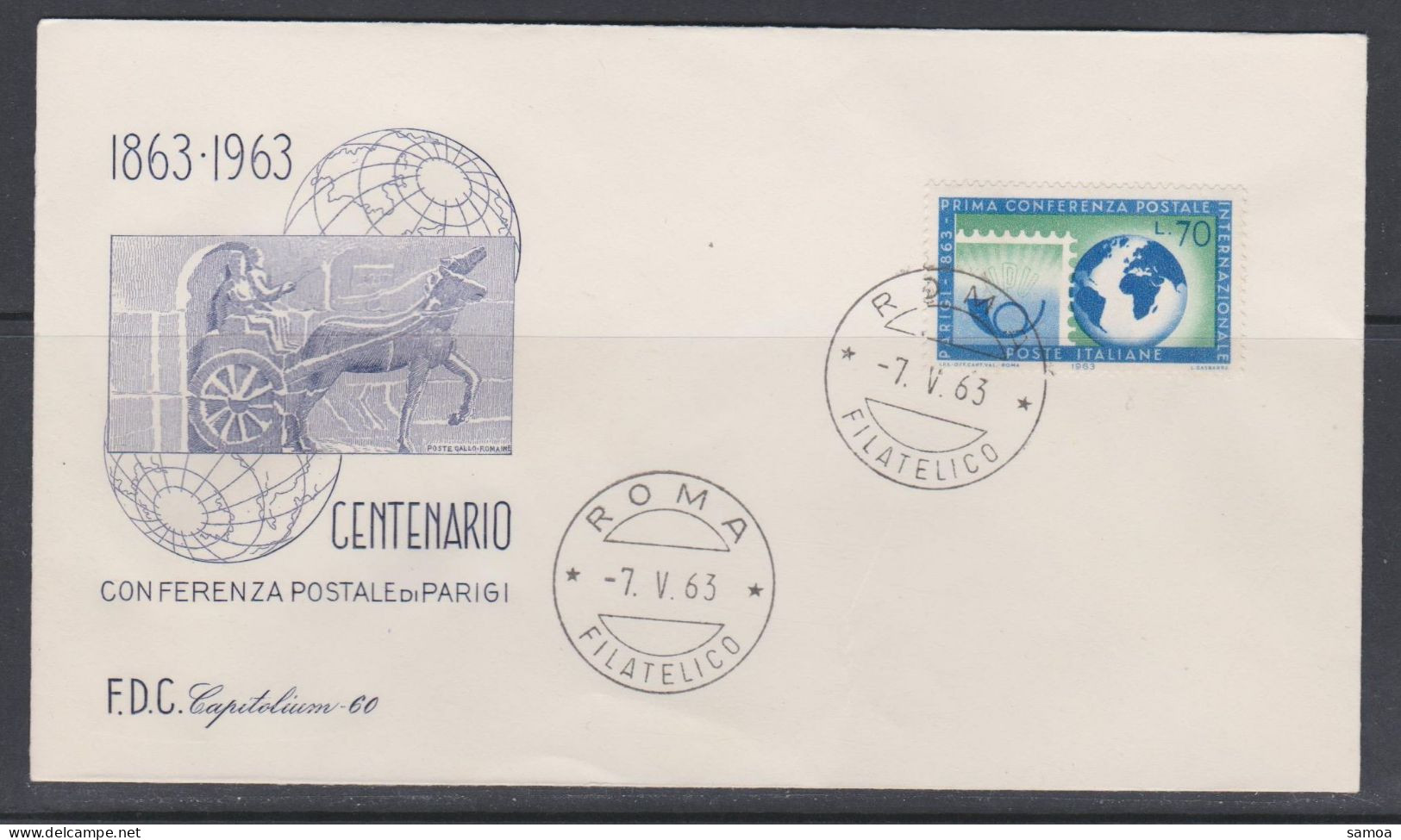 Italie FDC 1963 888 Centenaire UPU Cor Postal Globe Terrestre - FDC