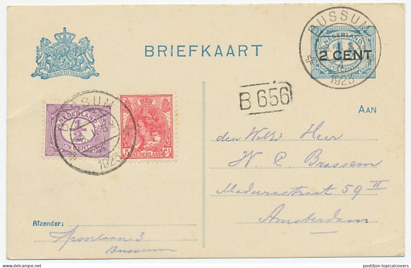 Briefkaart G. 94 A I / Bijfrankering Bussum - Amsterdam 1923 - Interi Postali