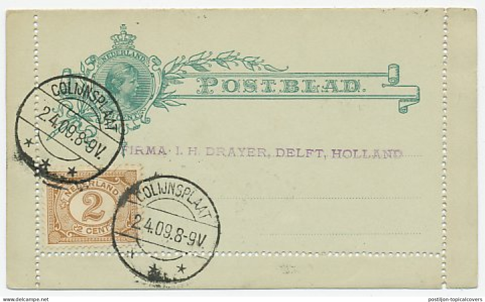 Postblad G. 4 / Bijfrankering - Colijnsplaat - Delft 1909 - Entiers Postaux