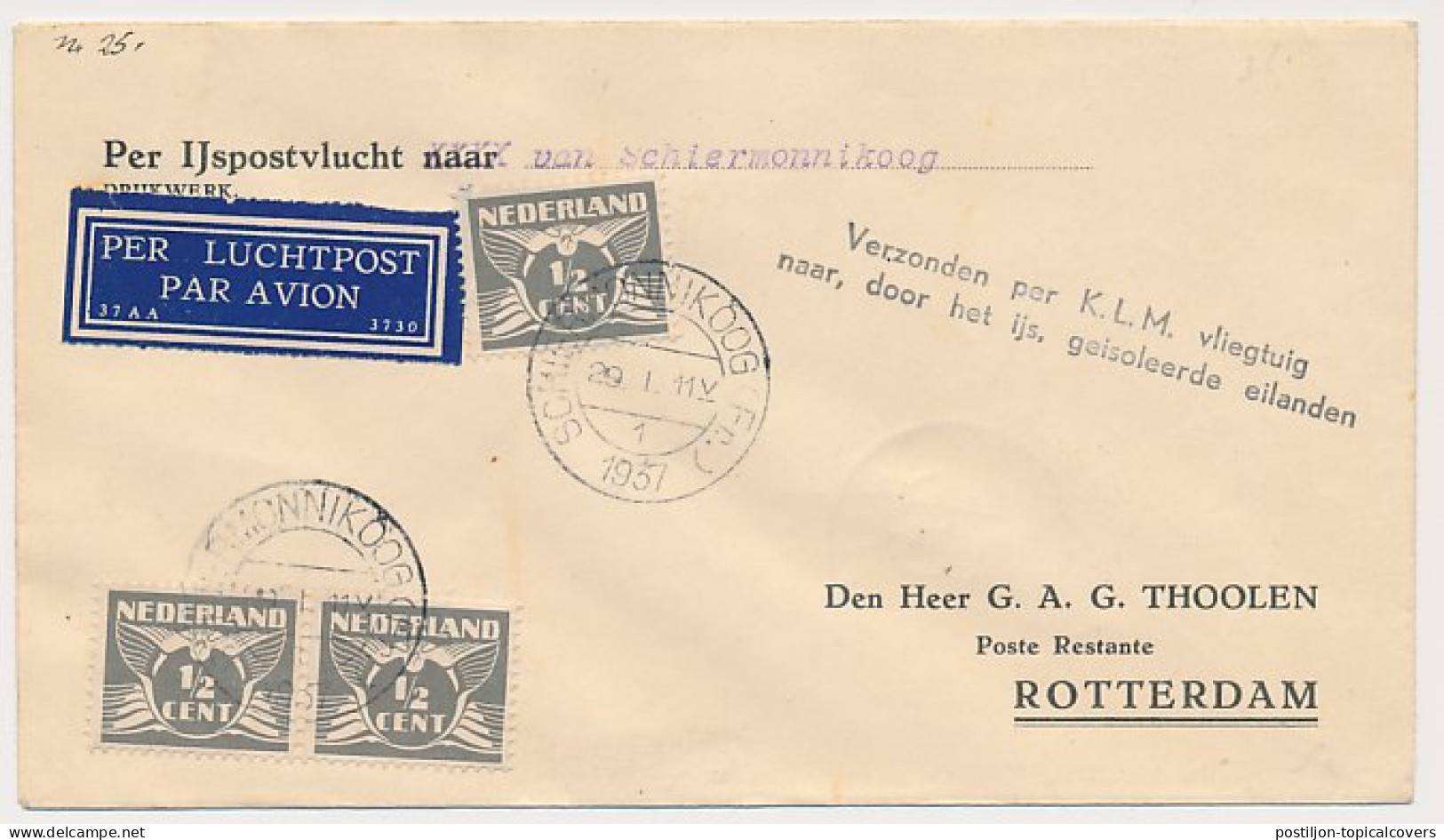 VH H 38 C IJspostvlucht Schiermonnikoog - Rotterdam 1937 - Non Classés