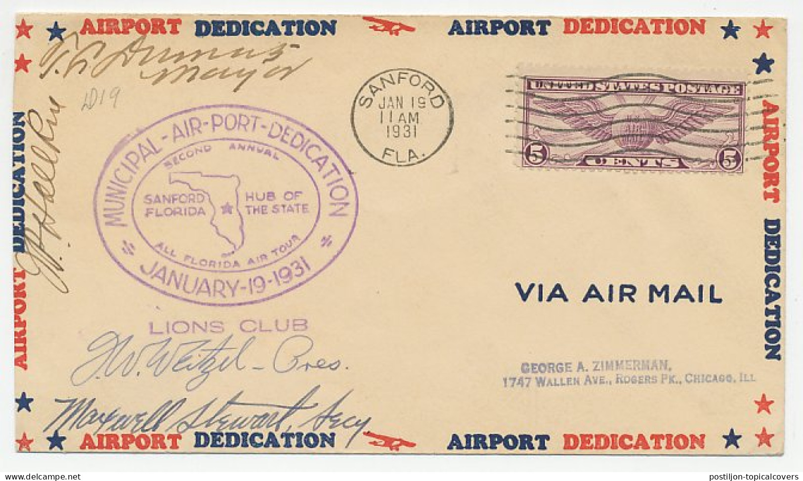 Cover / Postmark USA 1931 Municipal Air Port Dedication - Lions Club - Rotary, Lions Club