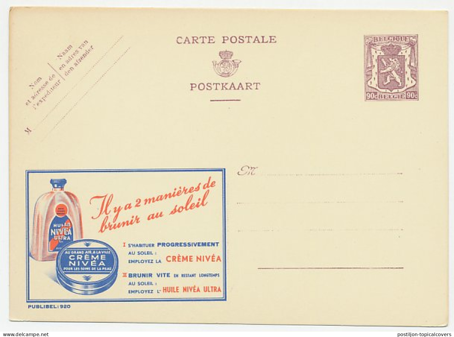 Publibel - Postal Stationery Belgium 1948 Nivea Cream - Oil - Sun - Browning - Altri & Non Classificati