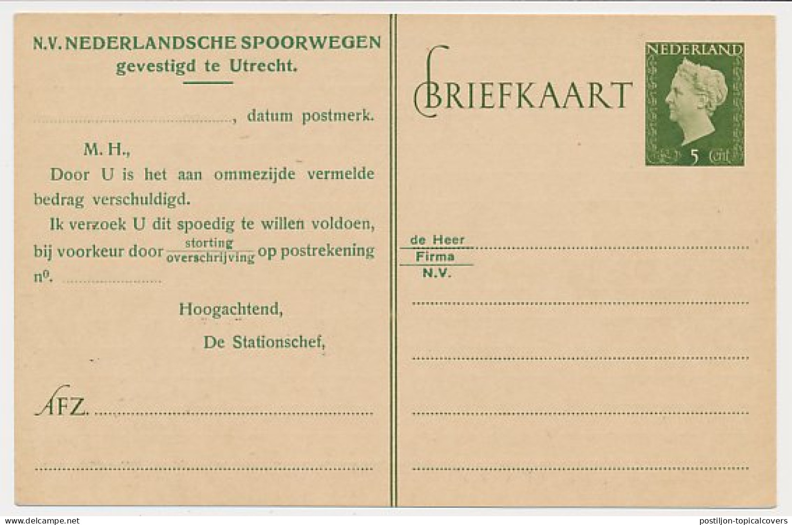Spoorwegbriefkaart G. NS291a H - Postal Stationery