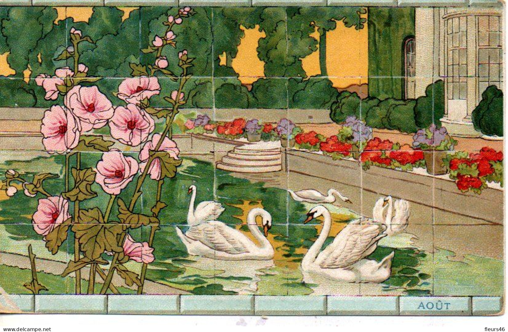 Illustrée Carrelages Chocolat D'Aiguebelles . CYGNES ET ROSES TREMIERES AU MOIS D'AOUT - 1900-1949