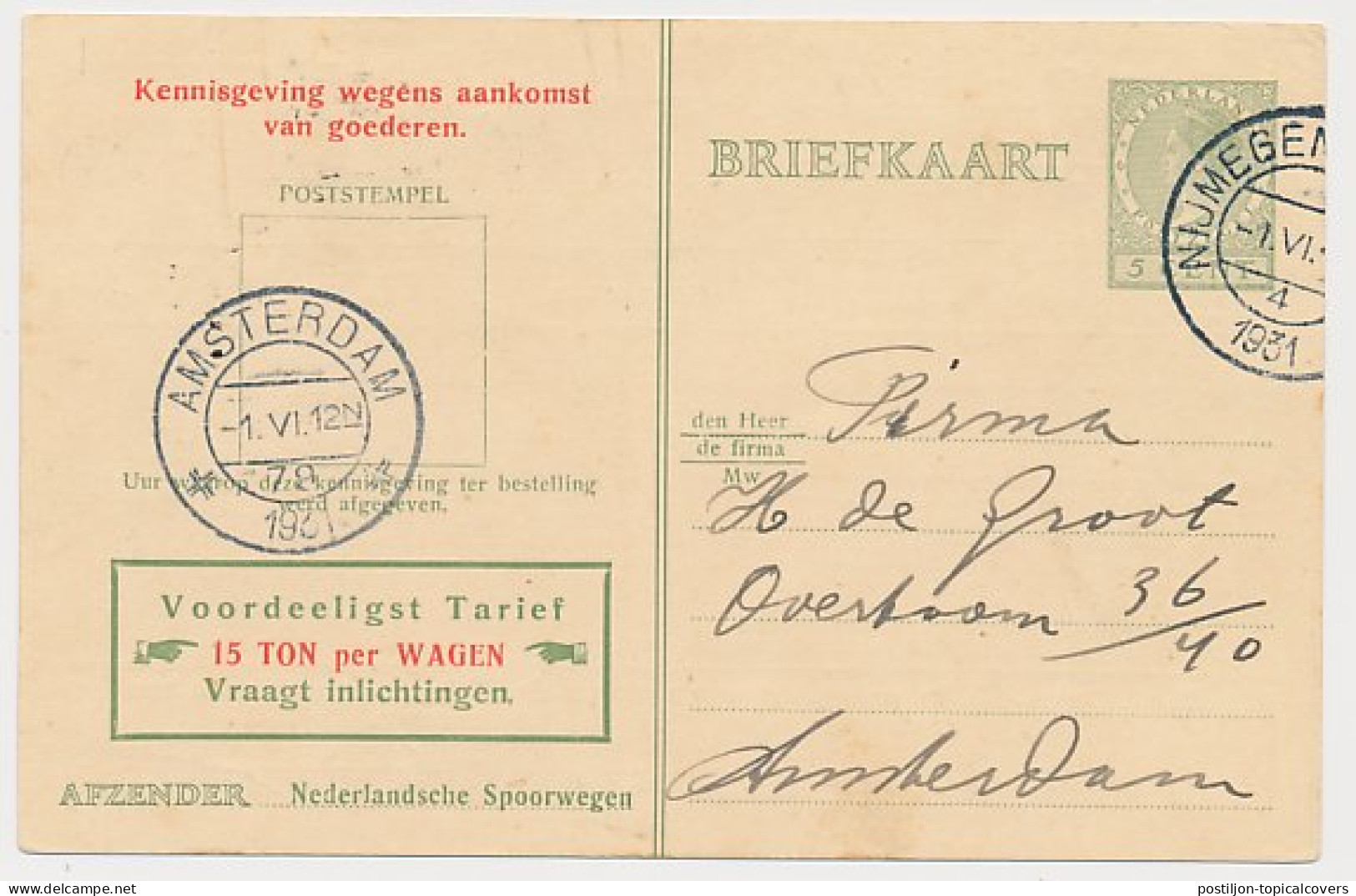 Spoorwegbriefkaart G. NS216 N - Nijmegen - Amsterdam 1931 - Entiers Postaux