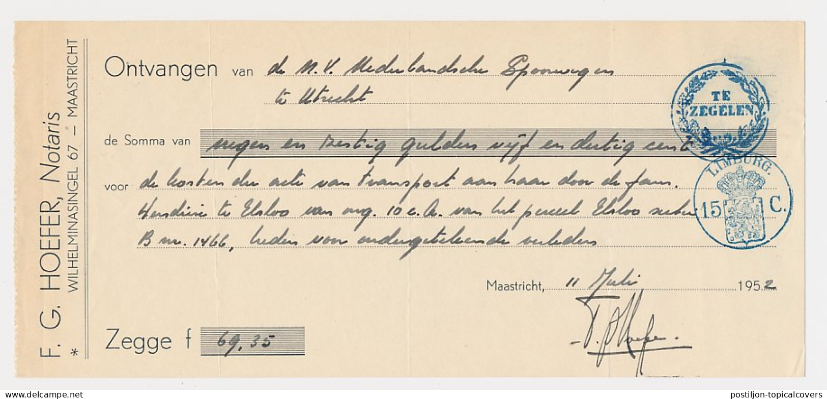 Fiscaal / Revenue - 15 C. Limburg - 1952 - Revenue Stamps