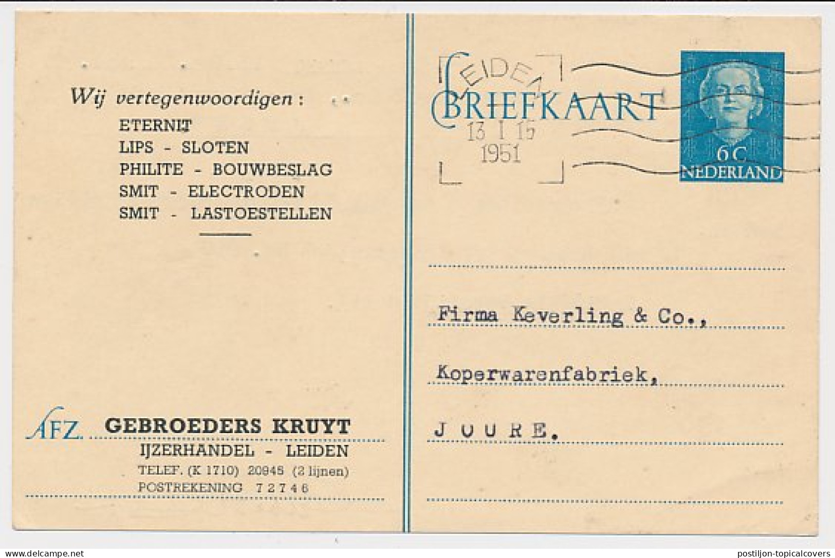 Briefkaart G. 302 Particulier Bedrukt Leiden 1951 - Entiers Postaux