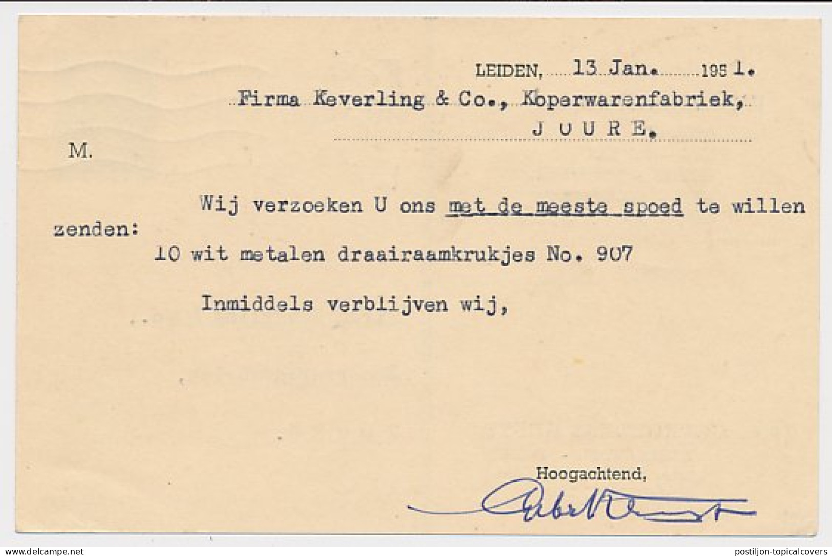 Briefkaart G. 302 Particulier Bedrukt Leiden 1951 - Material Postal