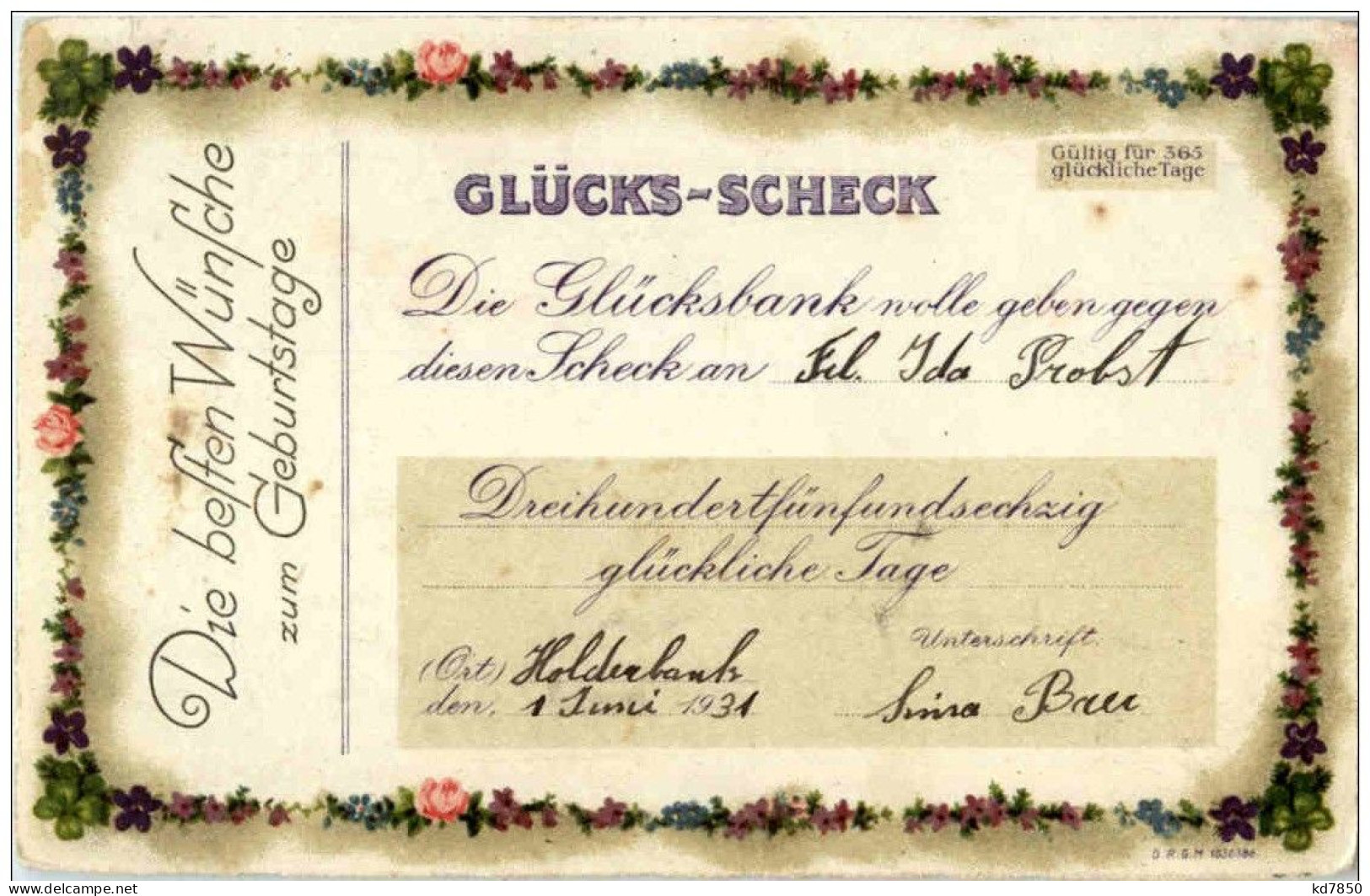 Geburtstag - Glücks Scheck - Anniversaire